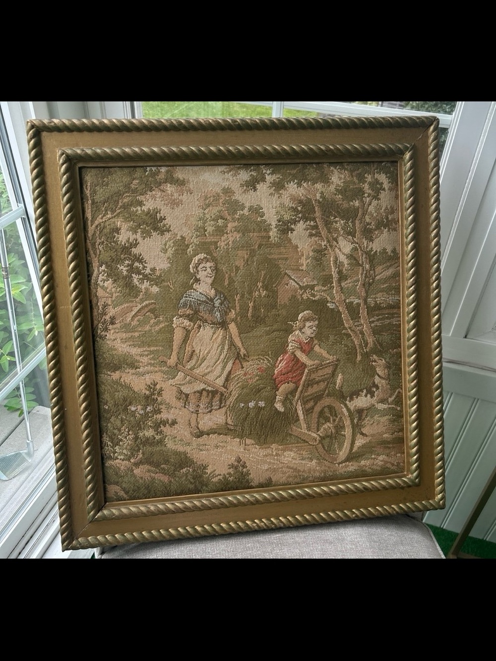 Large Vintage Framed Tapestry Cottage Victorian English Country